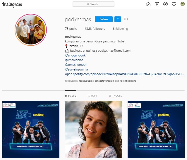 Jumlah pengikut akun Instagram Podkesmas telah menyentuh 43,1 ribu. (Sumber: Instagram.com/Podkesmas)